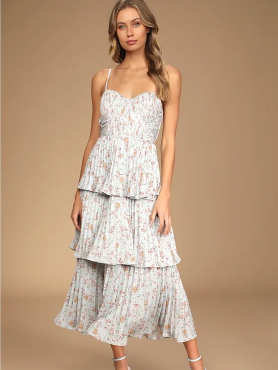 Lulus Dresses & Skirts - Lulu’s Cascading Crush Pale Blue Floral Print Tiered Bustier Midi Dress XL